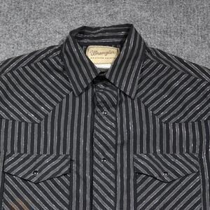 Wrangler Western Button Down Shirt Men M Black Striped Silver Threads Pearl Snap